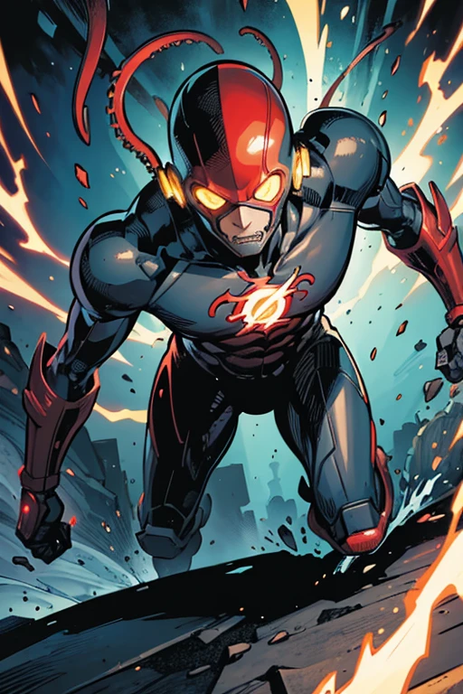 ((illustration)), (best quality)), ((masterpiece)), (detailed), ((tentacles)), RedGarb, solo, 1boy, male focus, lean, full armor, speedster, running, black and white, glowing chest, mechanical suit, comic, face cover, glowing eyes, flash,