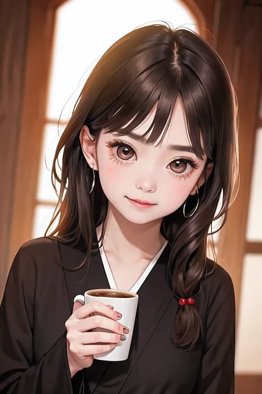 Young girl holds a coffee cup in her hand, cute young woman, cute face-nice, Cute - nice face, Sakimi-chan, Shiho, Yoshitomo Nara, cute youthful face, beautiful japanese girls face, Brown hair and big eyes, cute beautiful girl, beauty