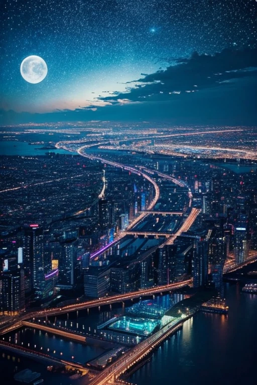 highest quality、Landscape painting、Neon lights in the city、Starry Sky、moon