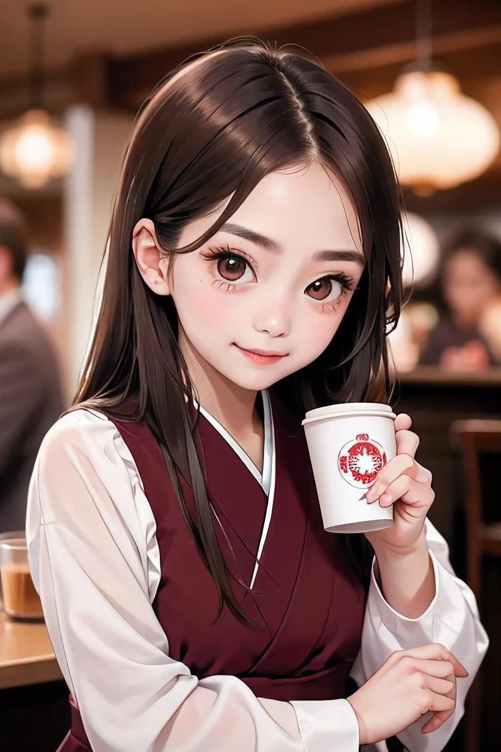 Young girl holds a coffee cup in her hand, cute young woman, cute face-nice, Cute - nice face, Sakimi-chan, Shiho, Yoshitomo Nara, cute youthful face, beautiful japanese girls face, Brown hair and big eyes, cute beautiful girl, beauty