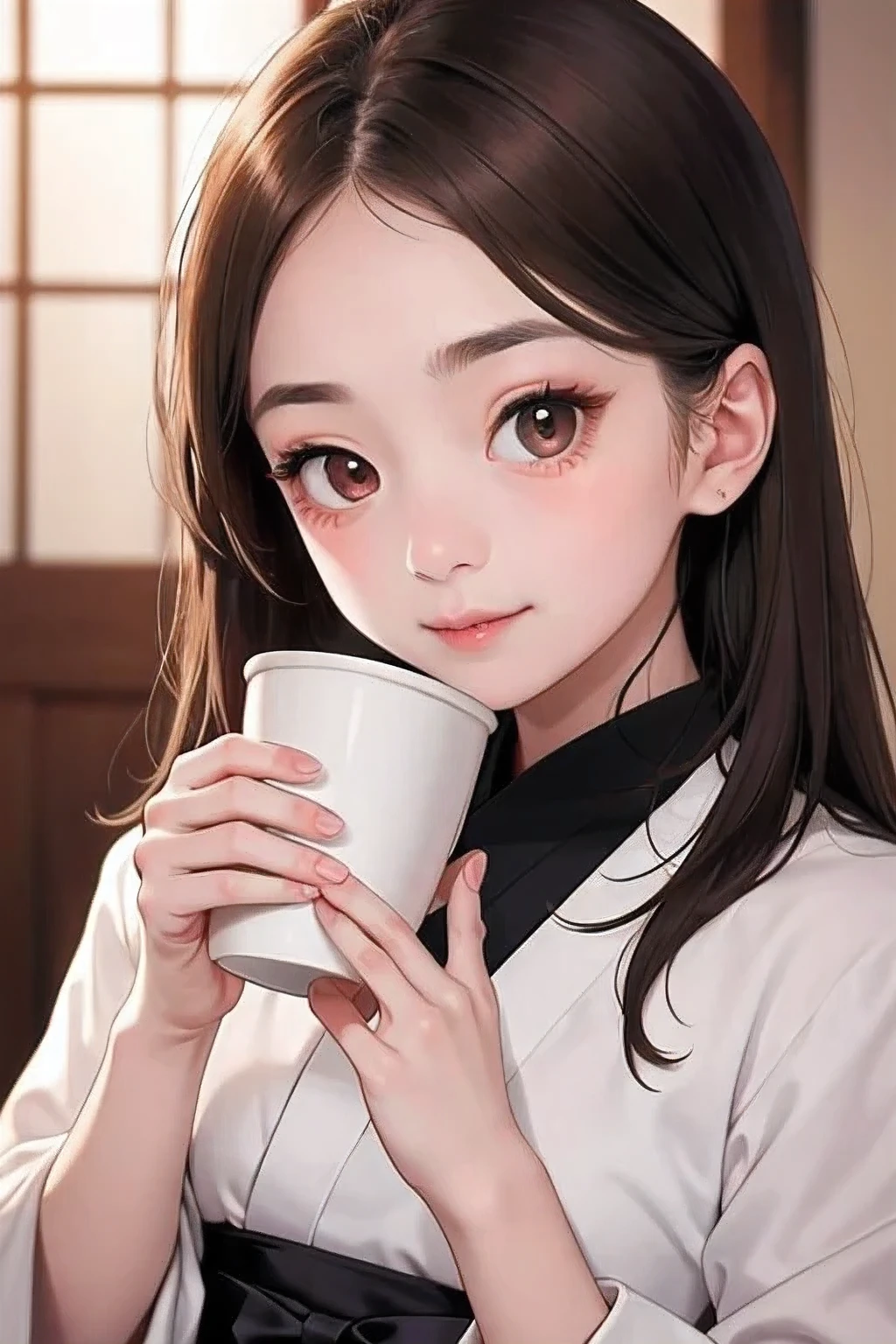 Young girl holds a coffee cup in her hand, cute young woman, cute face-nice, Cute - nice face, Sakimi-chan, Shiho, Yoshitomo Nara, cute youthful face, beautiful japanese girls face, Brown hair and big eyes, cute beautiful girl, beauty