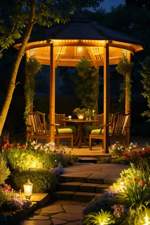 The garden house at night is very beautiful.