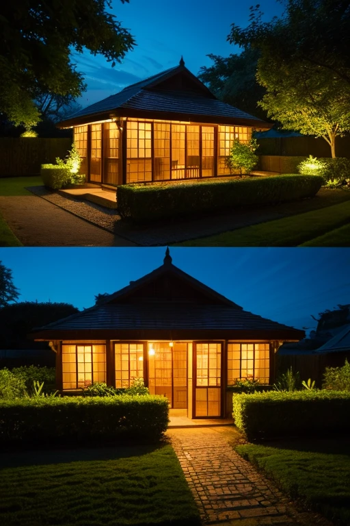The garden house at night is very beautiful.