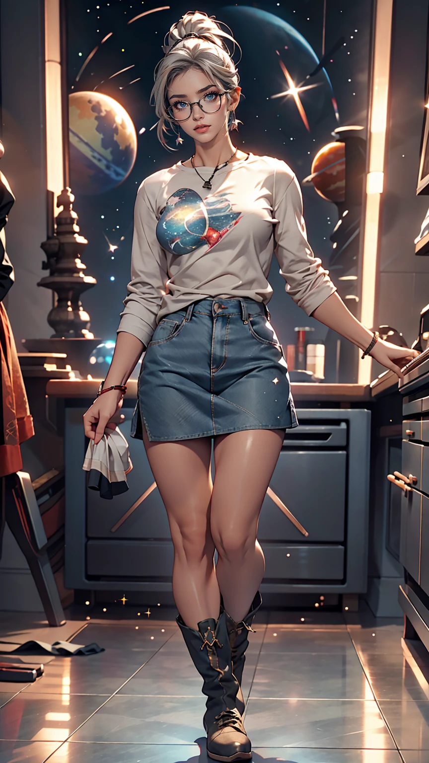 One Girl、Small breasts, wears thick-framed glasses that accentuate his facial features, Short hair, Ponytail and gray, Silver Shirt, She is wearing a tight shirt underneath her shirt, Vibrant color details reminiscent of stars and planets in space, Blue skirt and high-top boots with non-slip soles,