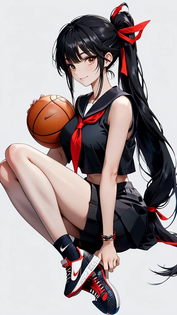 Black hair, bangs, curtained hair, crossed bangs, Long hair, Messy hair, pony tails, Very long hair, Black hair, bangs, curtained hair, crossed bangs, Long hair, Messy hair, pony tails, Very long hair, Big hair, (((red and black nike basketball shoes))), hair ear, hair tying, hair flaps, widow peak, head gear, Hair ribbon, kanzashi, hairpods, white hair ribbon, Moles under eyes, Raised eyebrows, eyeball, Evil smile, crazy, Shy, scowling, jitome, gloom (expression), Seductive smile, anime big breast, Minimalism, Anime style, anime big breast, Minimalism, Anime style,hyper HD, retinas, Masterpiece, ccurate, Textured skin, Super detail, High quality, High details, Award-Awarded, Best quality, A high resolution, 16k, hyper HD, retinas, Masterpiece, ccurate, Textured skin, Super detail, High quality, High details, Award-Awarded, Best quality, A high resolution, 16k((Cute Sailor Suit))((Old cityscape background))((Photograph the whole body))