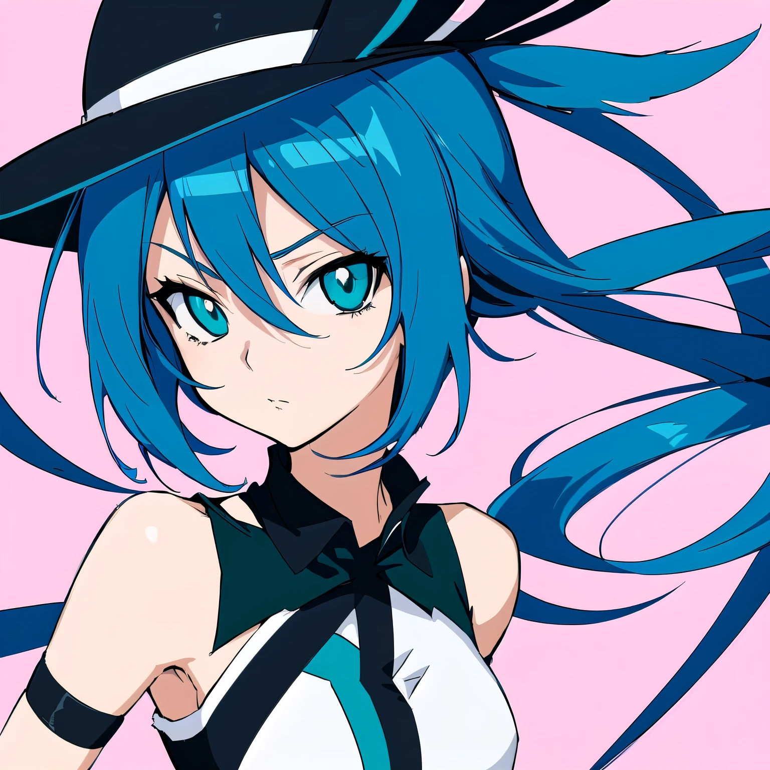 anime girl with blue hair and a black hat, 2 d anime style, 2 d anime, 2 d art, 2d art, anime style character, vector shaded anime, trigger anime artstyle, flat anime style shading, anime girl with teal hair, in an anime style, in anime style, 2 d style, cel - shaded art style, very modern anime style