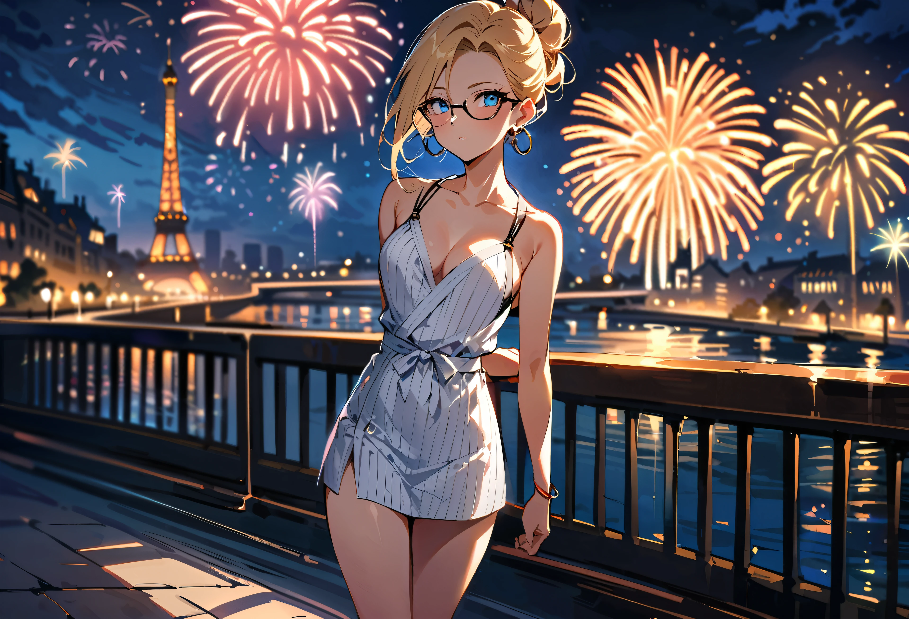 (masterpiece, best quality:1.2), solo, Android 18 from Dragon Ball, white yukata, stripe, Japanese sandals, small breasts, blonde hair, (single hair bun), ((blue eyes)), ((wearing glasses)), earrings on earlobes, slender feminine figure, narrow waistline, skinny body, head tilt, light blush, arms behind back, walking, the Eiffel Tower, riverside, natural lighting and shadows, night, firework, a bit of cleavage, sleeveless, magnificent view, blur background, 4K