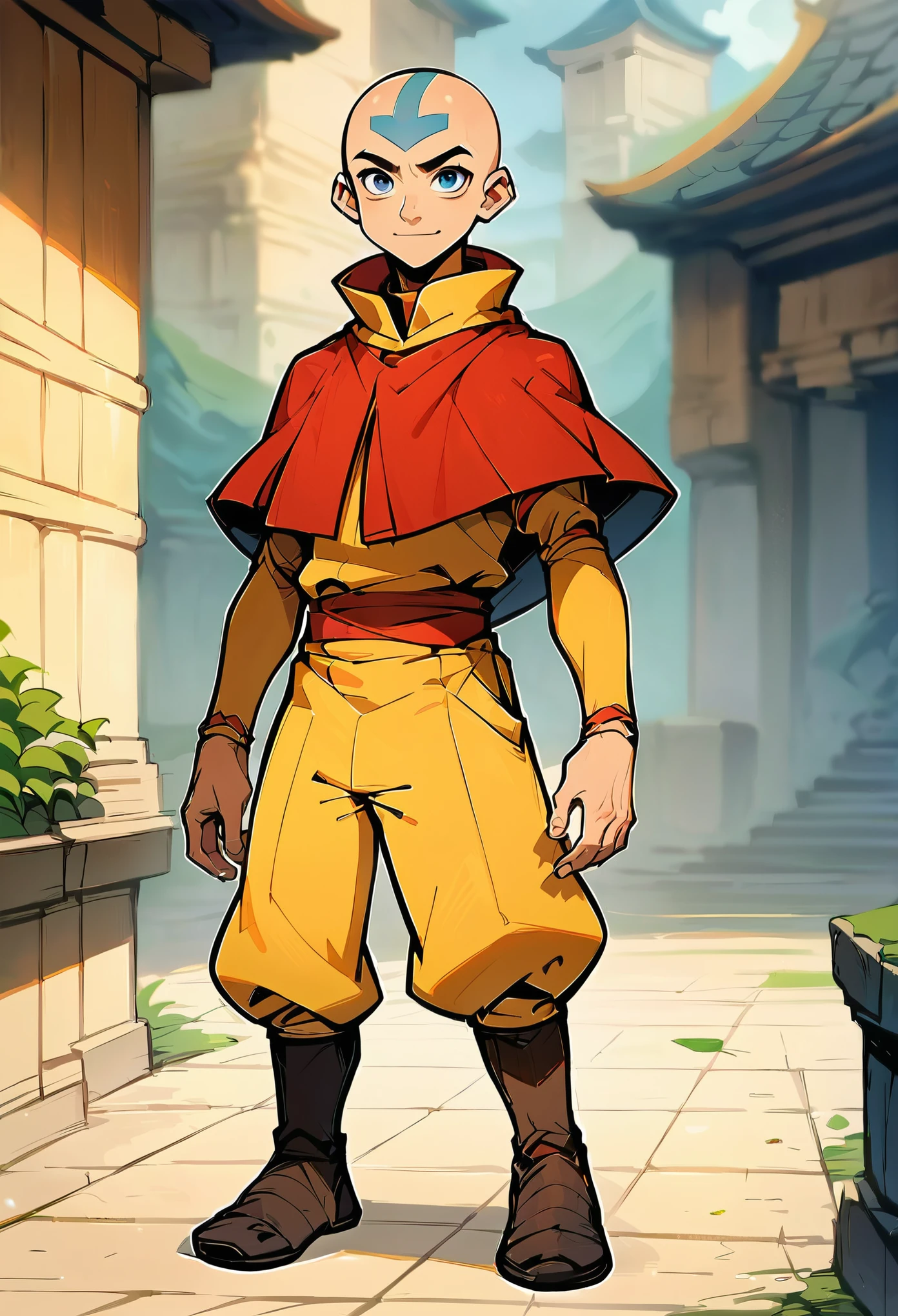 score_9, score_8, source_cartoon, rating_safe, aang, 1boy,
monk boy, full body, (smile:0.5), (red cape:0.7),