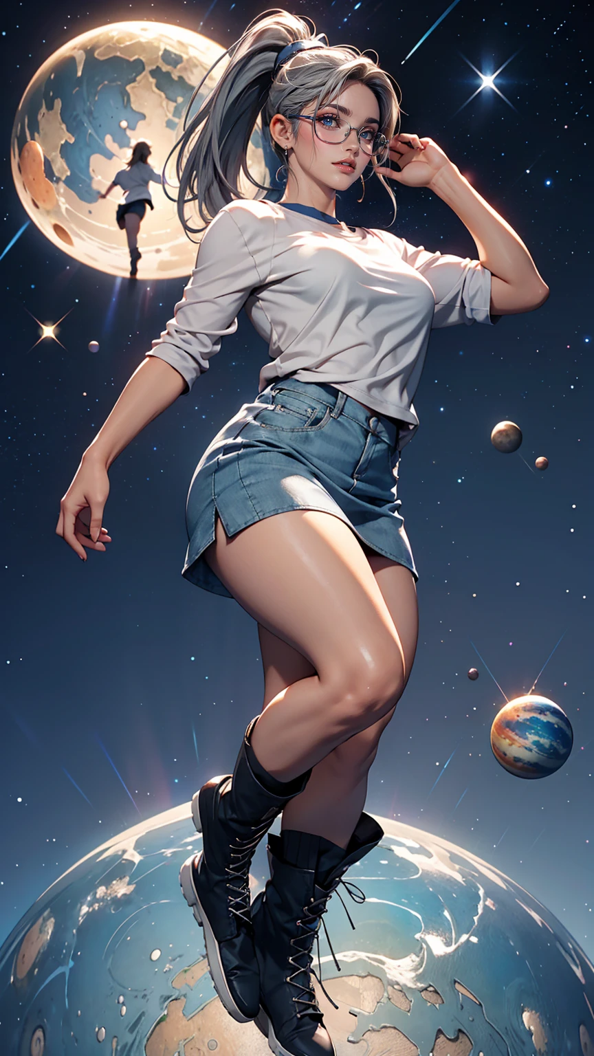 One Girl、Small breasts, wears thick-framed glasses that accentuate his facial features, Short hair, Ponytail and gray, Silver Shirt, She is wearing a tight shirt underneath her shirt, Vibrant color details reminiscent of stars and planets in space, Blue skirt and high-top boots with non-slip soles,