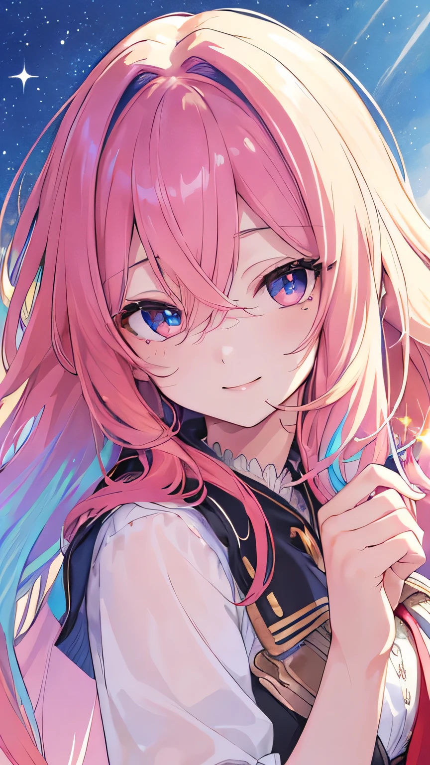 ((best quality)), ((masterpiece)), (detailed face and eyes), detailed hands and fingers, perfect face, accurate, textured skin, high details, multicolored hair, gradient hair, hair between eyes, hair over shoulder, big hair, hair over eyes, hair flaps, mole under eye, tareme, smile, Expressionism, anime, sparkle