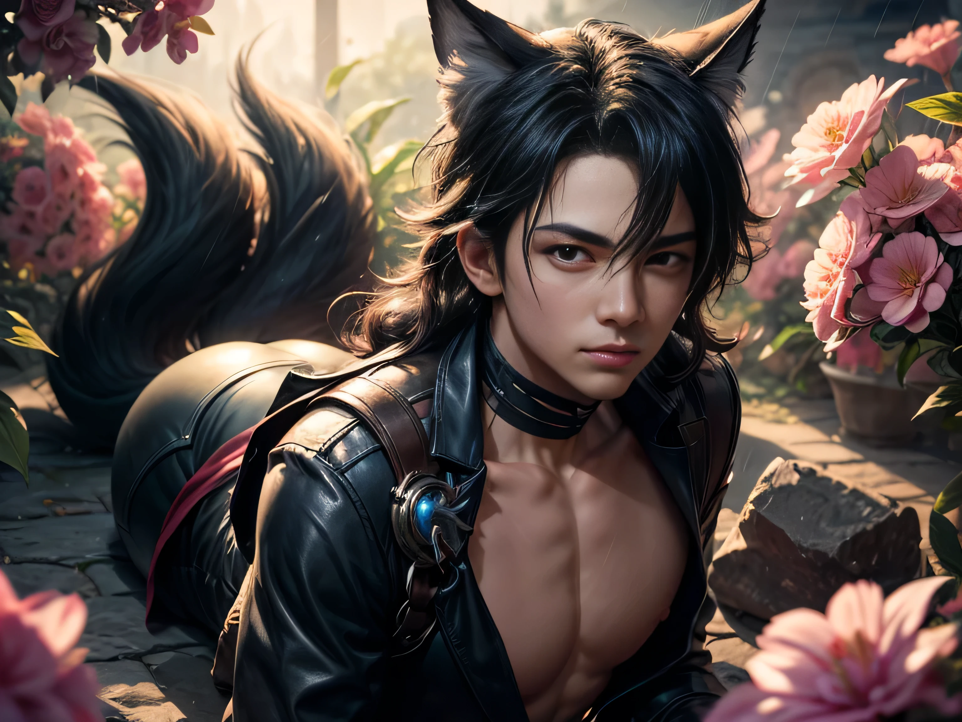 (Best Quality, 8K, Masterpiece, HDR, Soft Lighting, Picture Perfect, Realistic, Vivid), Nine Tails of a Black Fox (1.0), Tail of a Black Fox (1.0), Nine-Tailed Fox, Guy Fox with Black Hair and Blue Suit Sexy open leather suit, naked torso with developed body, beautiful fantasy anime, very handsome and cute fox guy, pink flower rain, background blur, anime fantasy, Gouves style work, realistic: 1.37, top view, lying in pink flowers, horizontal view, (ultra high quality fantasy art), masterpiece, male model, ultra high quality male character design, anime art with 8k development, realistic anime art, highest quality wallpaper illustrations, complex ultra high quality accurate male characters faces, high quality design and accurate physics (super high quality fantasy style)) art, dark fantasy)) Style), masterpieces, super high-quality characters, anime resolution - 8K, realistic anime art, wallpapers with the highest quality illustrations, ultra-high detail of faces, high-quality design and accuracy of physics), color, depth of field, shadows, ray tracing , production of high-quality computer wallpapers and 8K resolution, (Accurate simulation of the interaction of light and materials)], [High-quality hair detail [More about beautiful and shiny red hair]], (Beautifully detailed hands [perfect fingers [Perfect nails]], (perfect anatomy (perfect proportions)))) [[Full-length]], [Perfect combination of colors (Accurate imitation of the interaction of light and material)], [art that conveys the meaning of the story]