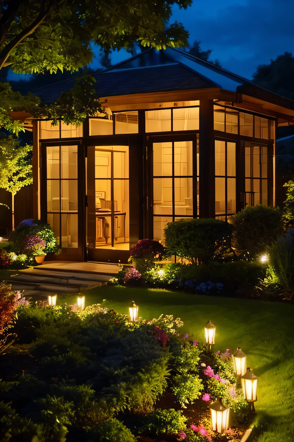The garden house at night is very beautiful.