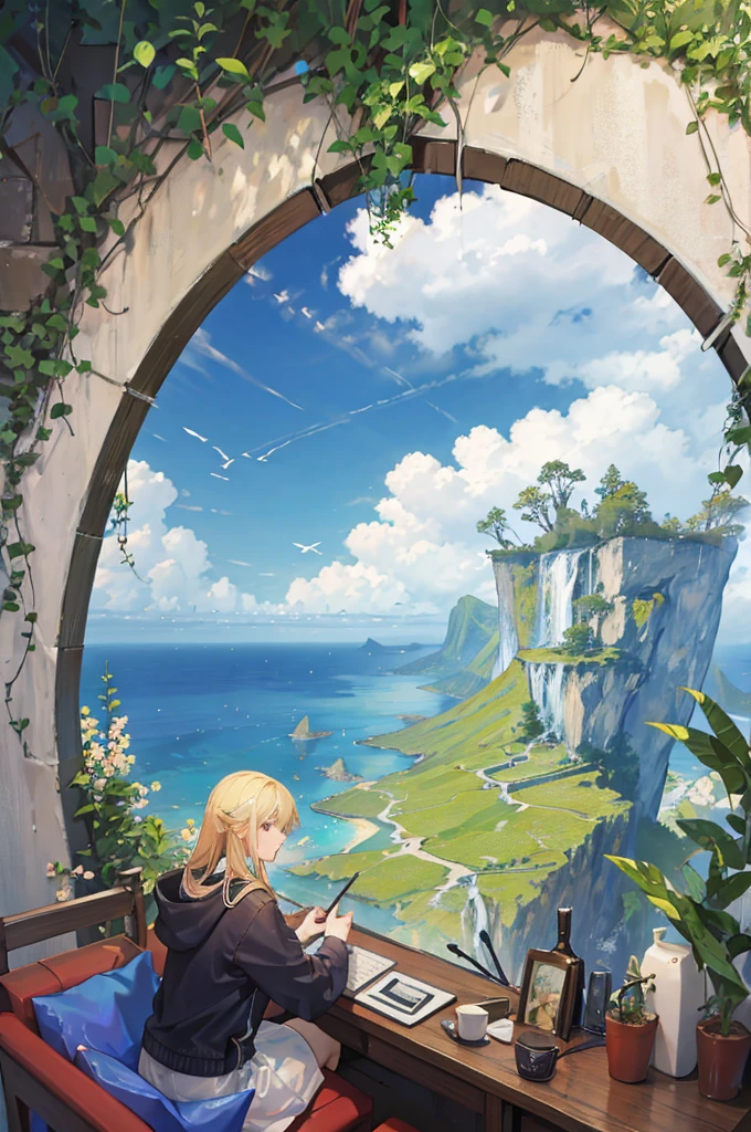 (masterpiece, highest quality, highest quality), 8k,Fictional World,Many islands floating in the sky,grassland,wood々,Waterfall cascading down from the island,blue sky,cloud,Fantastic,Soft colors,bright