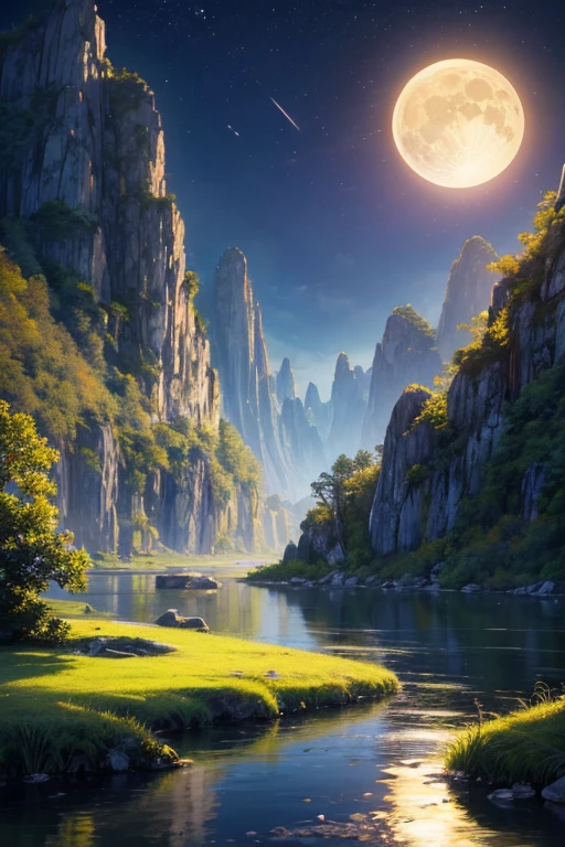 アジアの家のNight view, Vietnam, Vietnam, Hazan, moon, Lake in the foreground, quiet night, Green and Blue, Digital Illustration, Highly detailed digital art in 4K, Night view, anime art wallpaper 4k, anime art wallpaper 4k, 4K Detailed Digital Art, Natural scenery at night, Anime Art Wallpapers 8K, Background artwork, Beautiful Art UHD 4K, 4k HD illustration wallpaper