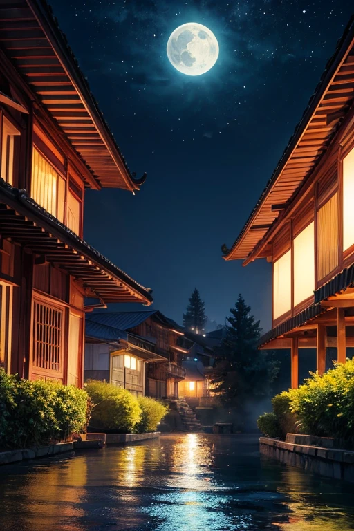 アジアの家のNight view, Vietnam, Vietnam, Hazan, moon, Lake in the foreground, quiet night, Green and Blue, Digital Illustration, Highly detailed digital art in 4K, Night view, anime art wallpaper 4k, anime art wallpaper 4k, 4K Detailed Digital Art, Natural scenery at night, Anime Art Wallpapers 8K, Background artwork, Beautiful Art UHD 4K, 4k HD illustration wallpaper