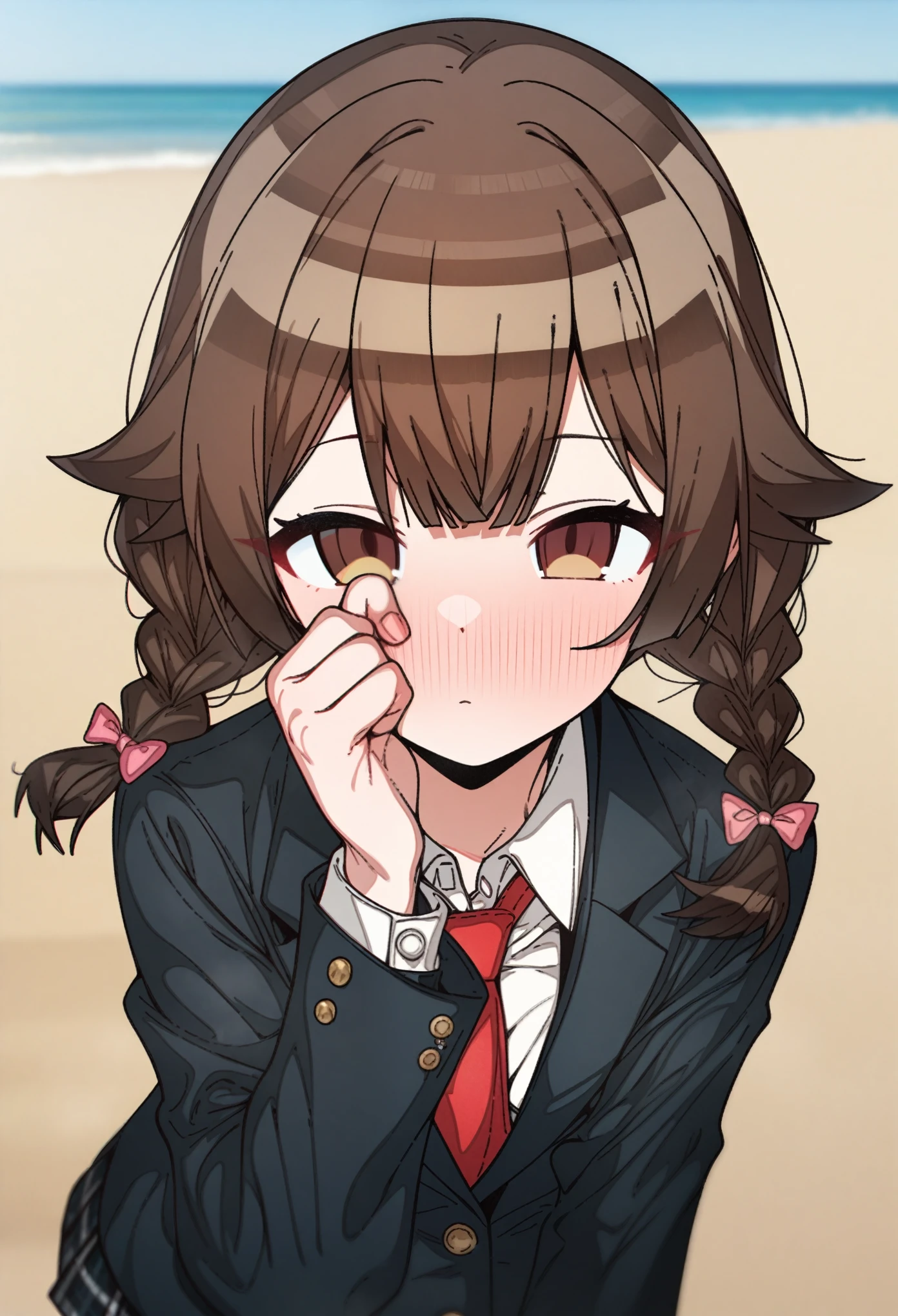 hoshino_(blue_archive) with brown hair and brown eyes, Artist, erere, Copyrights, idolmaster, idolmaster_shiny_colors, Character, General, 1girl, brown_hair, blunt_bangs, blush, medium_, breastsled eyelashes, beatiful girl:1, brown_eyes, censored, school_uniform, pleated skirt, blazer, hair_clip, twin_braids, rubbing_eyes, sleepy, red tie, (full_body) (standing in middle, beach), sky:0.7, half-closed_eyes, detailed, sand, outdoors, looking_at_viewer, masterpiece, best_quality, great_quality, girl, solo, center_composition, centered character, cute