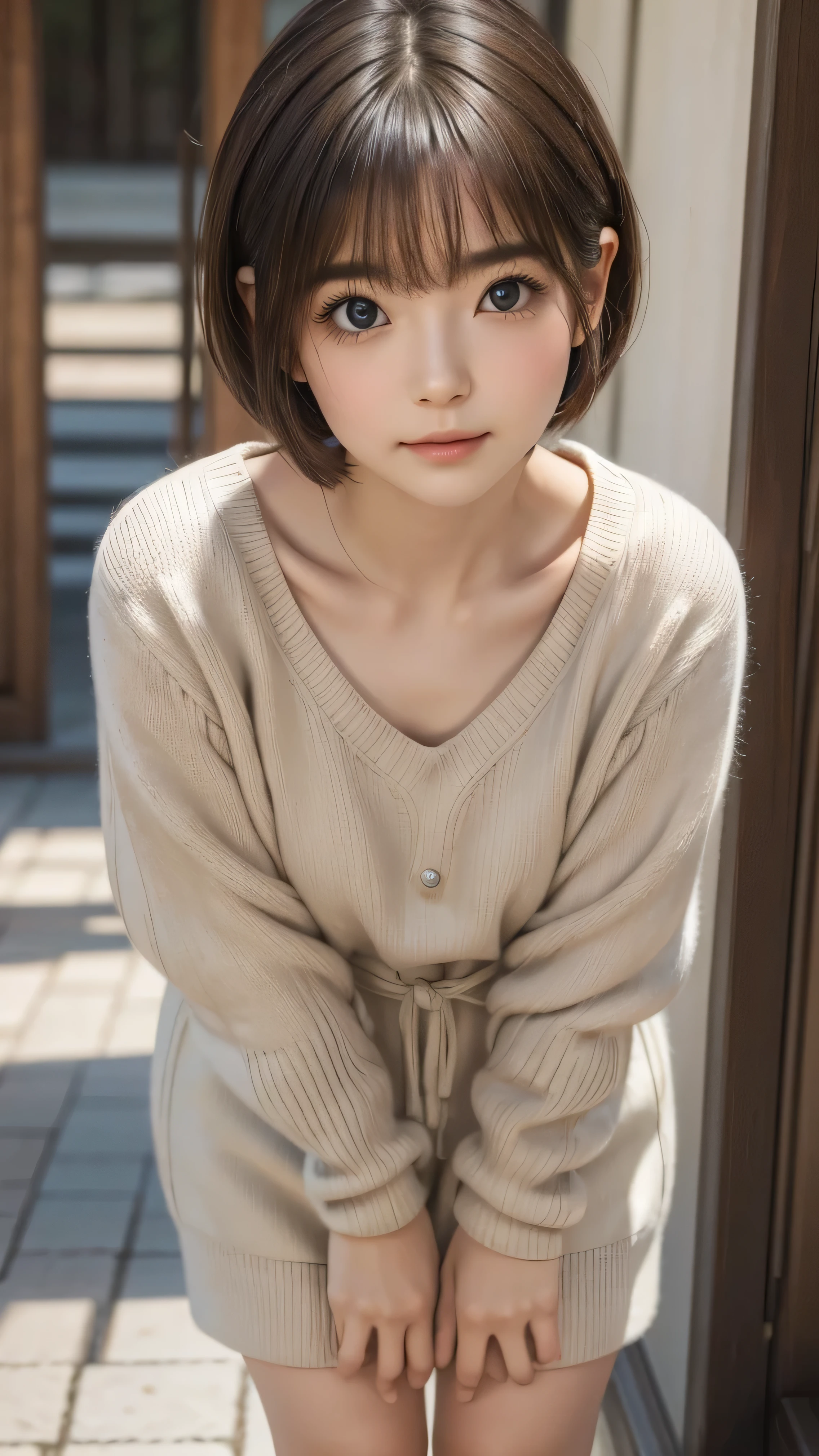 Detailed face, Cute Face,Brown eyes, ((Are standing)) , (Hands on knees) , Leaning forward , masterpiece , highest quality , Very detailed , (Mature Woman) , Super Short Hair, side lock hair, Japanese