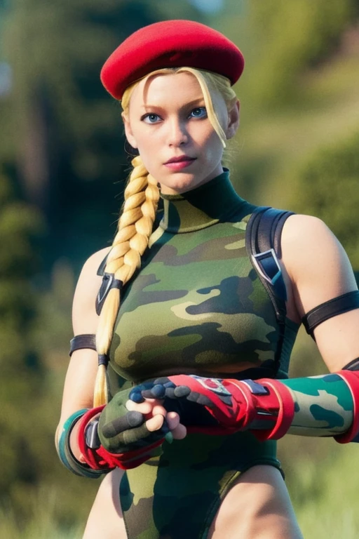 masterpiece, highest quality, High resolution, One girl, Cammy White, Twin Blade, Long Hair, Blonde Hair, Antenna Hair, beret, (Red Hat:1.3), blue eyes, Wounds on the cheeks, Green leotard, big boobs 36 DD, No sleeve, Red gloves, Fingerless gloves, Camouflage, Cowboy Shot, Are standing, Outdoor, Arms at your sides, Straight,