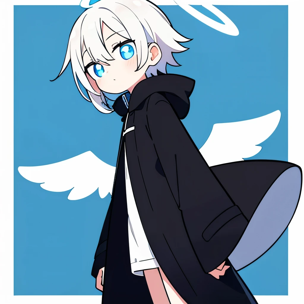  One boy, alone, Short Hair, (White Hair, Blue eyes with vertical pupils), Angel Halo, Black long coat, Black fur hood, Angel&#39;s wing, Vertical scar, Right eye is hidden, Performance, laughing, Delighted