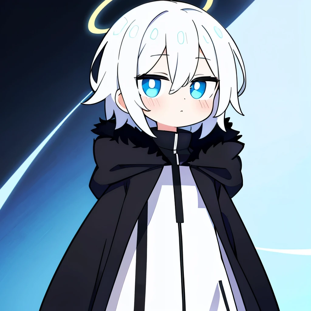  One boy, alone, Short Hair, (White Hair, Blue eyes with vertical pupils), Angel Halo, Black long coat, Black fur hood, Angel&#39;s wing, Vertical scar, Right eye is hidden, Performance, laughing, Delighted