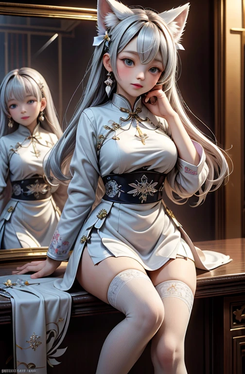 masterpiece,best quality,Official Art, Extremely detailed CG unity 8k wallpaper,absurd,8k resolution,Ukiwo,Moles under the eyes,Colored contact lenses,Maozui,Awkward,long hair,Silver Hair,hair behind ears,Ribbon trim,(cheongsam:1.4),(Transparent clothes:1.2),Lace tights,Socks drape,Ice crystal texture,Looking in the mirror,skirt lift,In winter,snowflake,Tanabata,movie lighting
