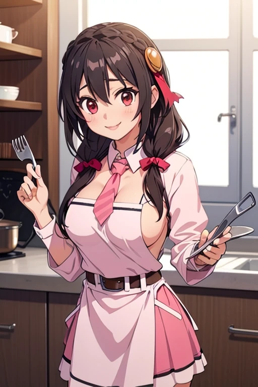 (masterpiece, highest quality), One girl, Yunyun,Long Hair,Braiding,Twin tails,Hair between the eyes,Hair Ribbon,hair ornaments,Slightly large, round breasts、Pink Skirt、Red Eyes、The best smile、kitchen、Crown Blade,Pink tie, belt、cowboy shot、Wearing a white apron、Cooking
