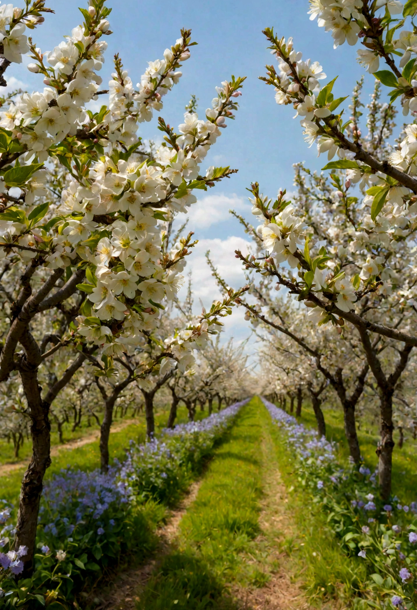 An orchard with abundant flowers but very few visible bees. Les fleurs commencent à faner, montrant des signes de pollinisation insuffisante