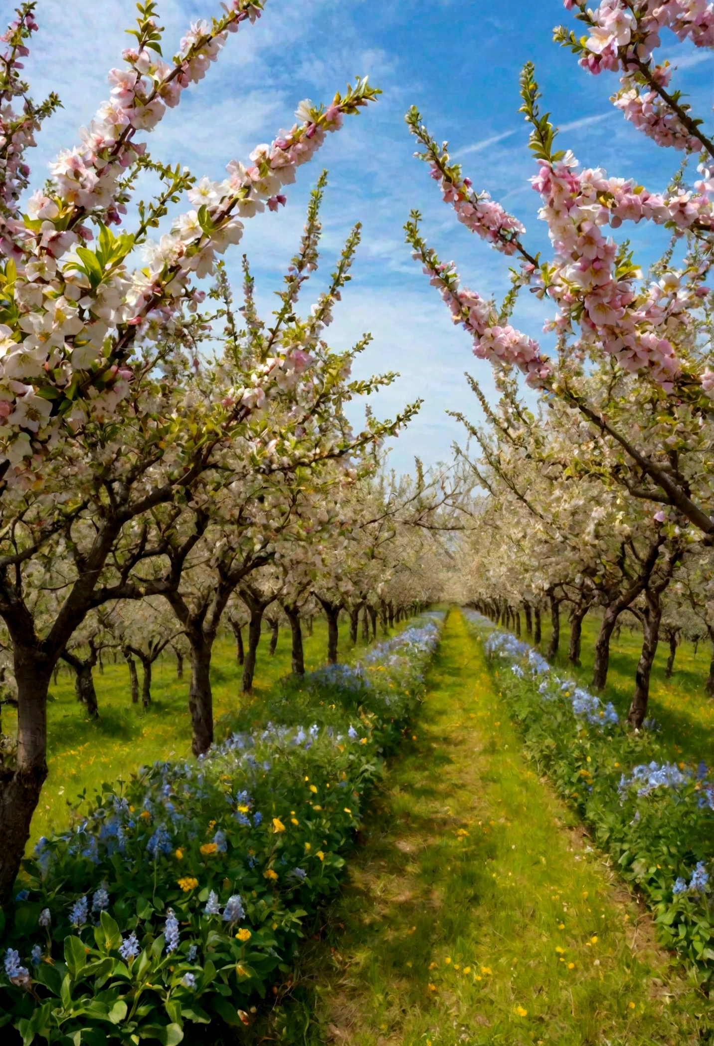 An orchard with abundant flowers but very few visible bees. Les fleurs commencent à faner, montrant des signes de pollinisation insuffisante