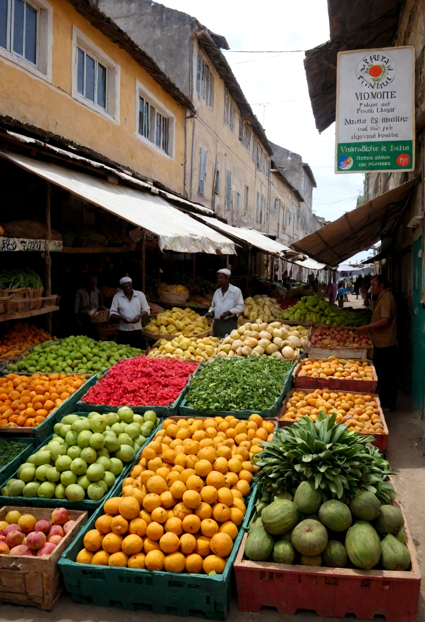 Un marché agricole avec des étals de fruits et légumes à moitié vides. The prices displayed on the signs are very high, and customers seem concerned