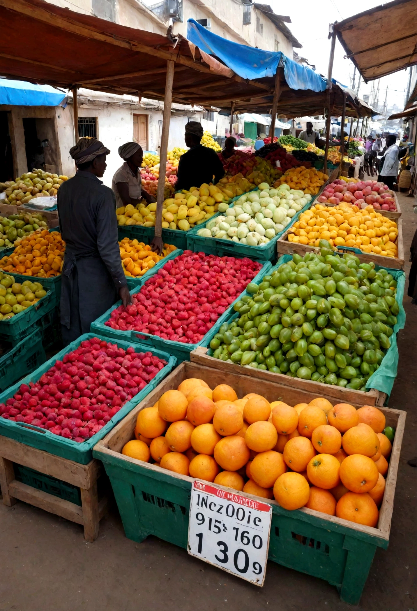 Un marché agricole avec des étals de fruits et légumes à moitié vides. The prices displayed on the signs are very high, and customers seem concerned