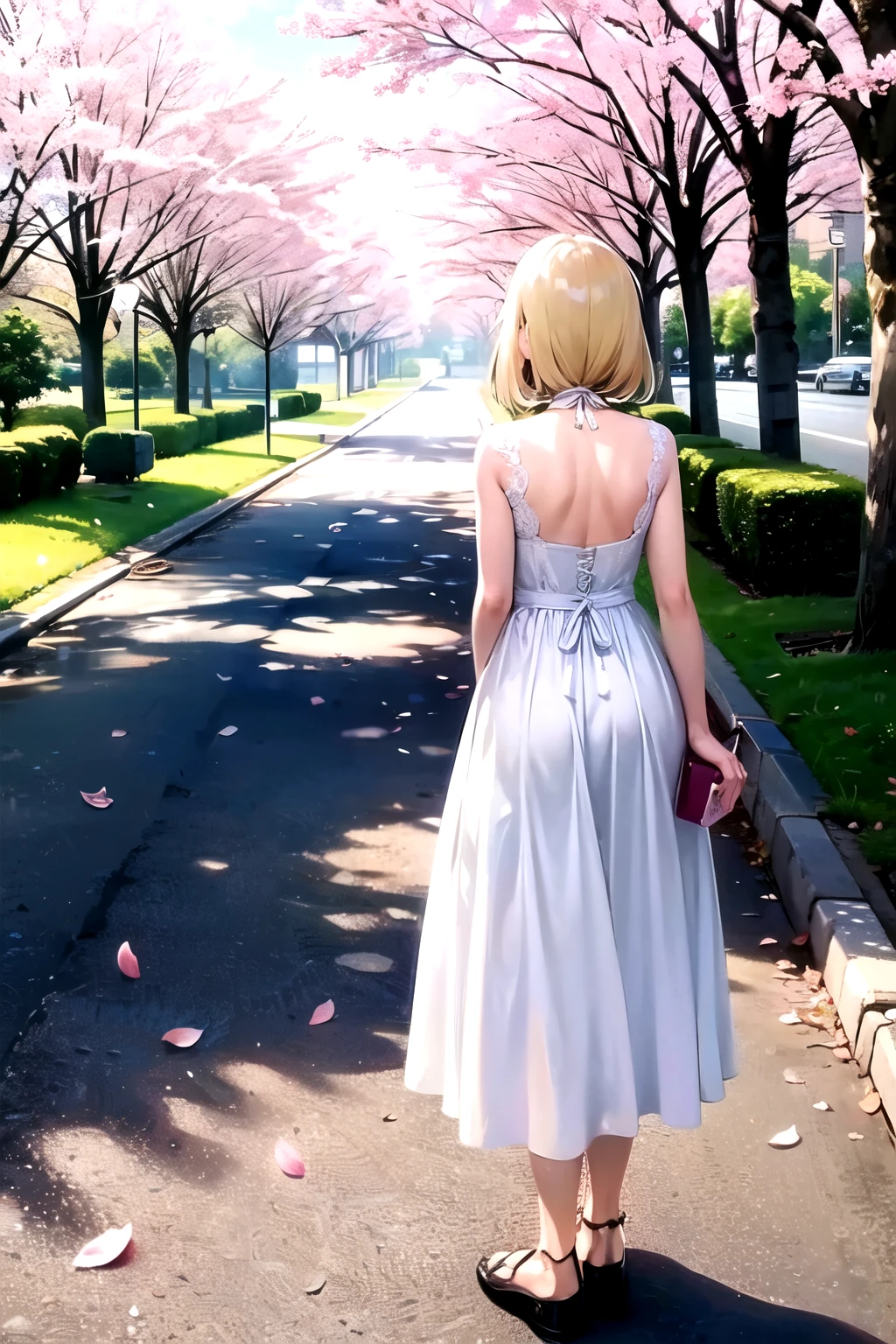In front of the university、One blonde lady、Back view、A woman standing in the middle of a road lined with falling cherry blossoms、White dress and blue shoes、