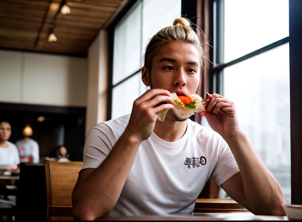 Japanese soccer forward. 22 years old. Blonde. Man bun hairstyle. White skin. No facehair. Eating sushi in the restaurant with friends. White t-shirt. Dramatic light. Male. Masterpiece, best quality, 4k, very detailed.