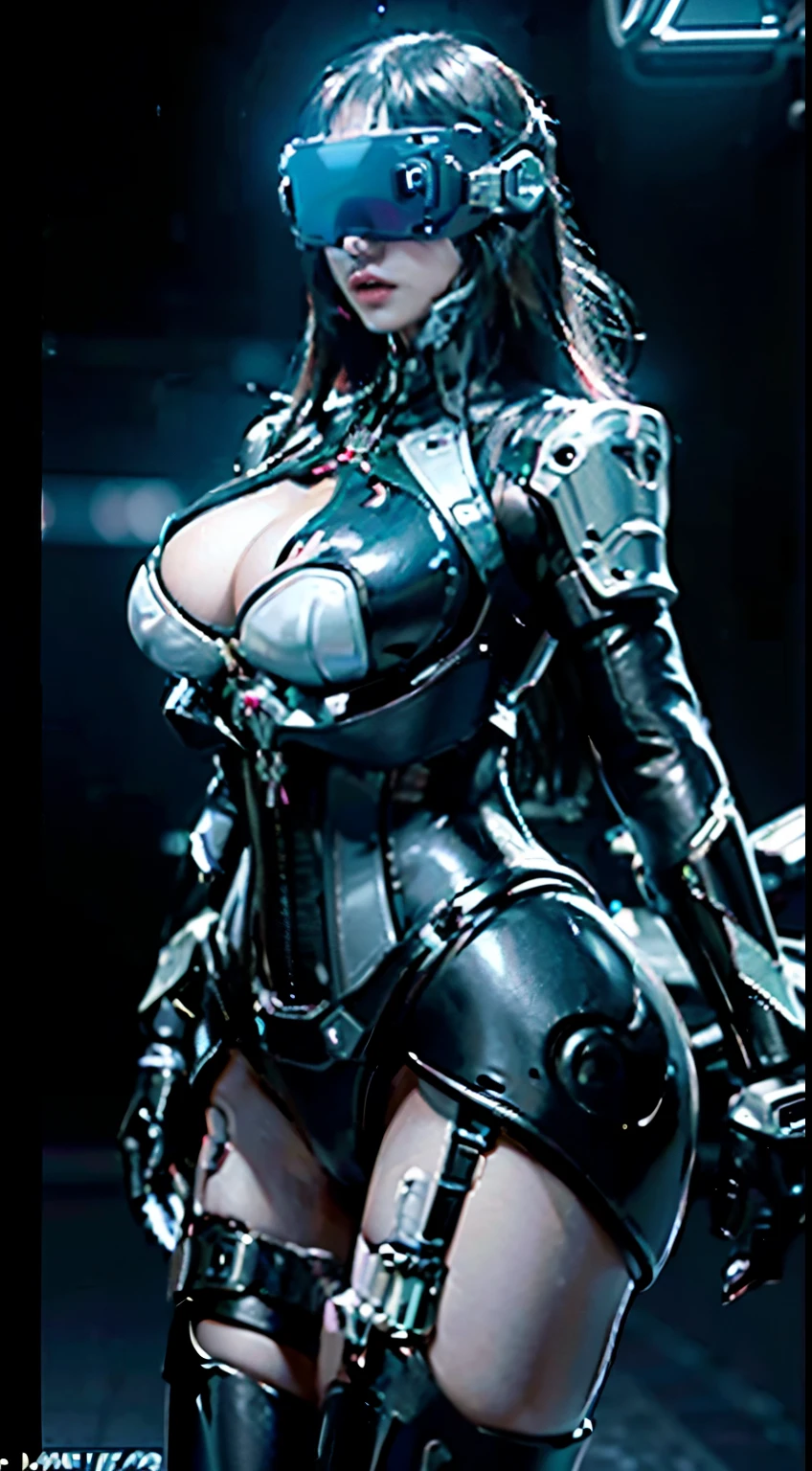 Surrealism, Miss , Wearing futuristic VR, Dark background, High-quality images, ,(Lightweight and thin to wear、high tech、Head mounted display with neon lights:1.2) inside spacecraft,  Fashion suit,Sexy pose，Huge bust，Full body portrait，In the cell，Corset，Showing breasts，Showing belly