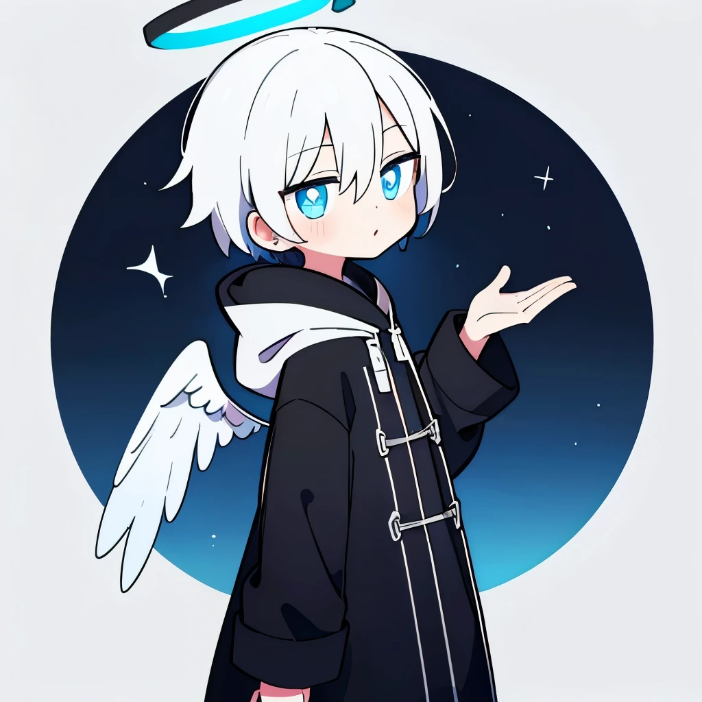  One boy, alone, Short Hair, (White Hair, Blue eyes with vertical pupils), Angel Halo, Black long coat, Black fur hood, Angel&#39;s wing, Vertical scar, Right eye is hidden, Performance, laughing, Delighted