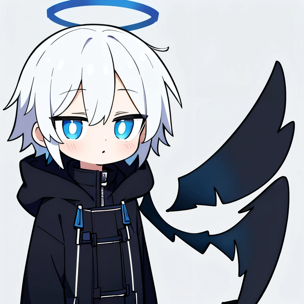  One boy, alone, Short Hair, (White Hair, Blue eyes with vertical pupils), Angel Halo, Black long coat, Black fur hood, Angel&#39;s wing, Vertical scar, Right eye is hidden, Performance, laughing, Delighted