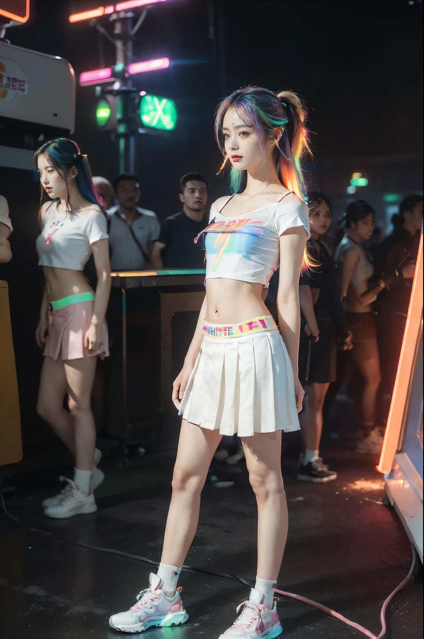 ((((8k))),((Extremely meticulous CG)) ,(wallpaper),16k,((Extremely refined and beautiful)),(((Masterpiece))),(((best qualtiy))),(((Ultra High Resolution))),beautiful light up,Perfect lightning,realistic shaded,(Smooth and flawless skin:1.5),(Extremely exquisite facial details:1.2),(perfect body:1.2),(ultra-detailed),((A beautiful girl,solo)),(small head:1.2),(pale skin:1.3),(shoulder length straight hair:1.2),(rainbow color hair:1.3),(small face:1.2),(baby face:1.3),(Exquisite makeup:1.2),(blush:1.3),(small breasts:1.2),(flat chest:1.3),((slim,thin)),(laughing:1.2),(short sleeves:1.2),(laser shirt:1.5),(shoulder off:1.3),(navel:1.3),(laser microskirt:1.5),(slender legs:1.2),(socks:1.2),(sneakers:1.3),(indoor:1.2),(summer:1.3),(detailed background:1.5),(Standing:1.3),(Beside the arcade machine:1.3),(arms behind back:1.3),(full body:1.3),(from front:1.3),(In the game center:1.5),(colorful neon lights:1.3),(cyberpunk style:1.3),(night scene:1.5),(lively atmosphere:1.3),(surrounded by crowded crowds:1.3),