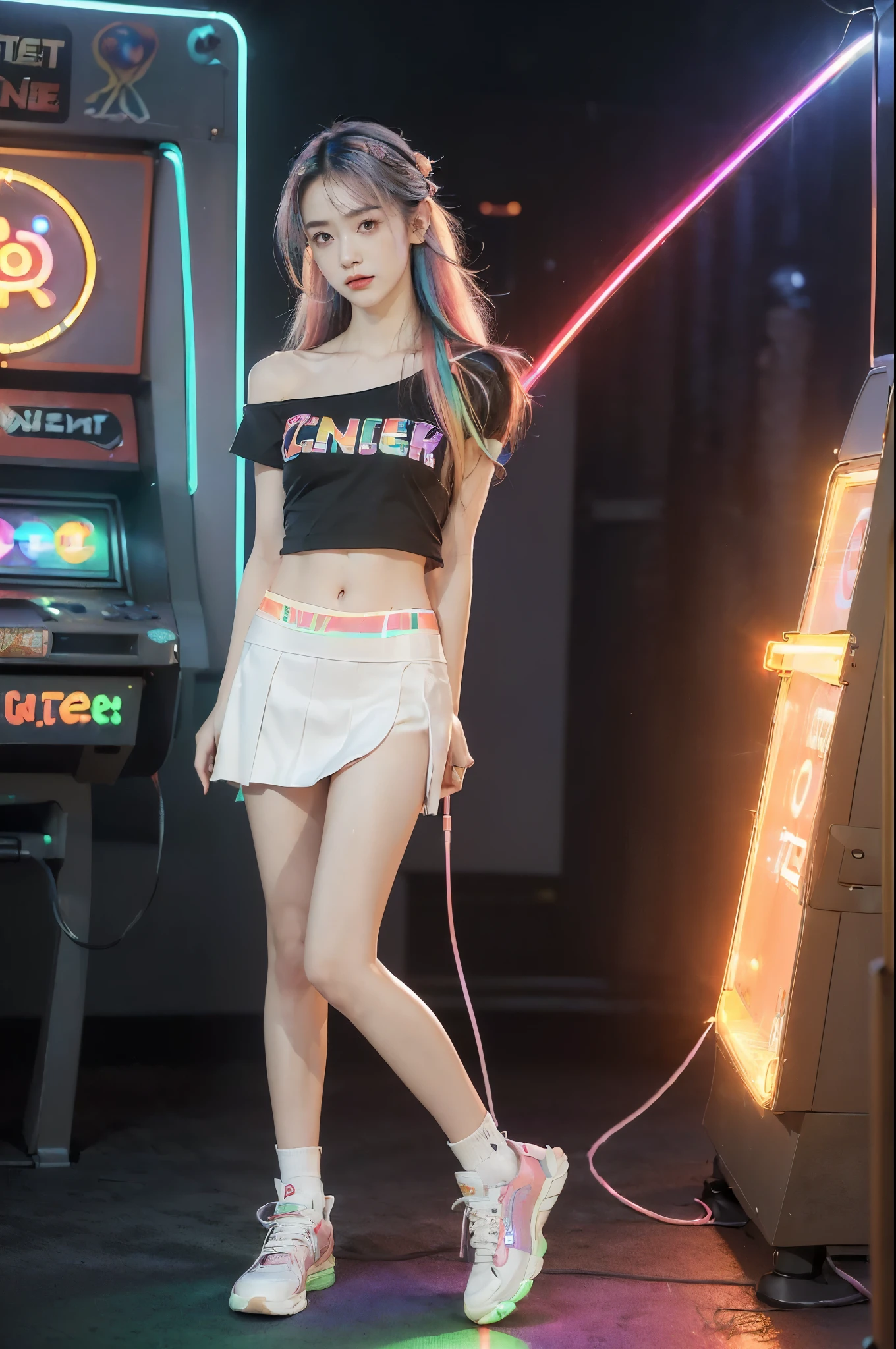((((8k))),((Extremely meticulous CG)) ,(wallpaper),16k,((Extremely refined and beautiful)),(((Masterpiece))),(((best qualtiy))),(((Ultra High Resolution))),beautiful light up,Perfect lightning,realistic shaded,(Smooth and flawless skin:1.5),(Extremely exquisite facial details:1.2),(perfect body:1.2),(ultra-detailed),((A beautiful girl,solo)),(small head:1.2),(pale skin:1.3),(shoulder length straight hair:1.2),(rainbow color hair:1.3),(small face:1.2),(baby face:1.3),(Exquisite makeup:1.2),(blush:1.3),(small breasts:1.2),(flat chest:1.3),((slim,thin)),(laughing:1.2),(short sleeves:1.2),(laser shirt:1.5),(shoulder off:1.3),(navel:1.3),(laser microskirt:1.5),(slender legs:1.2),(socks:1.2),(sneakers:1.3),(indoor:1.2),(summer:1.3),(detailed background:1.5),(Standing:1.3),(Beside the arcade machine:1.3),(arms behind back:1.3),(full body:1.3),(from front:1.3),(In the game center:1.5),(colorful neon lights:1.3),(cyberpunk style:1.3),(night scene:1.5),(lively atmosphere:1.3),(surrounded by crowded crowds:1.3),