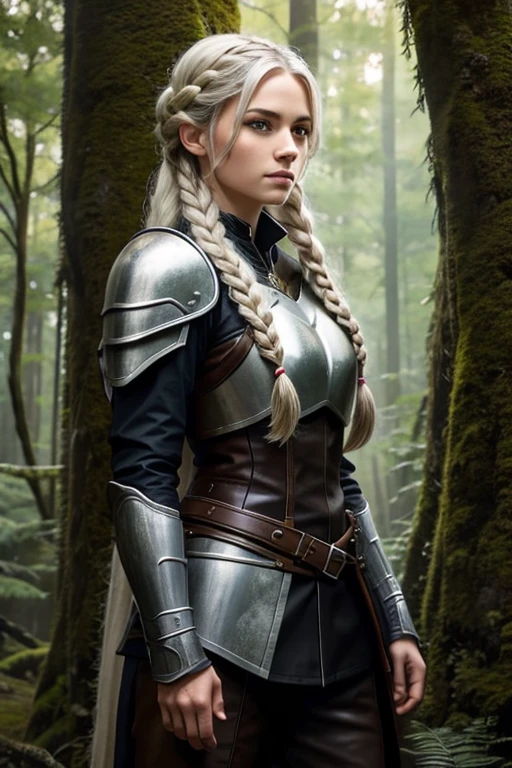 1 female ranger, Long white hair, Braided Hair, Gray eyes, Pretty Face, Wearing leather armor, Standing in the forest, absurd, high resolution, Super sharp, 8K, Masterpiece images should have extremely high resolution and details. It should be very clear,And with 8K resolution, A masterpiece of picture quality.