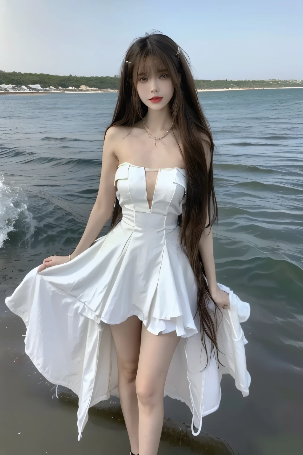 Beautiful woman with perfect body:1.4,Layered Hairstyle,Highly detailed face and skin textures,Double eyelids,Skin Whitening,Long hair,Whitened long legs,(Princess dress,Chest chain),Standing by the sea,Half-length photo