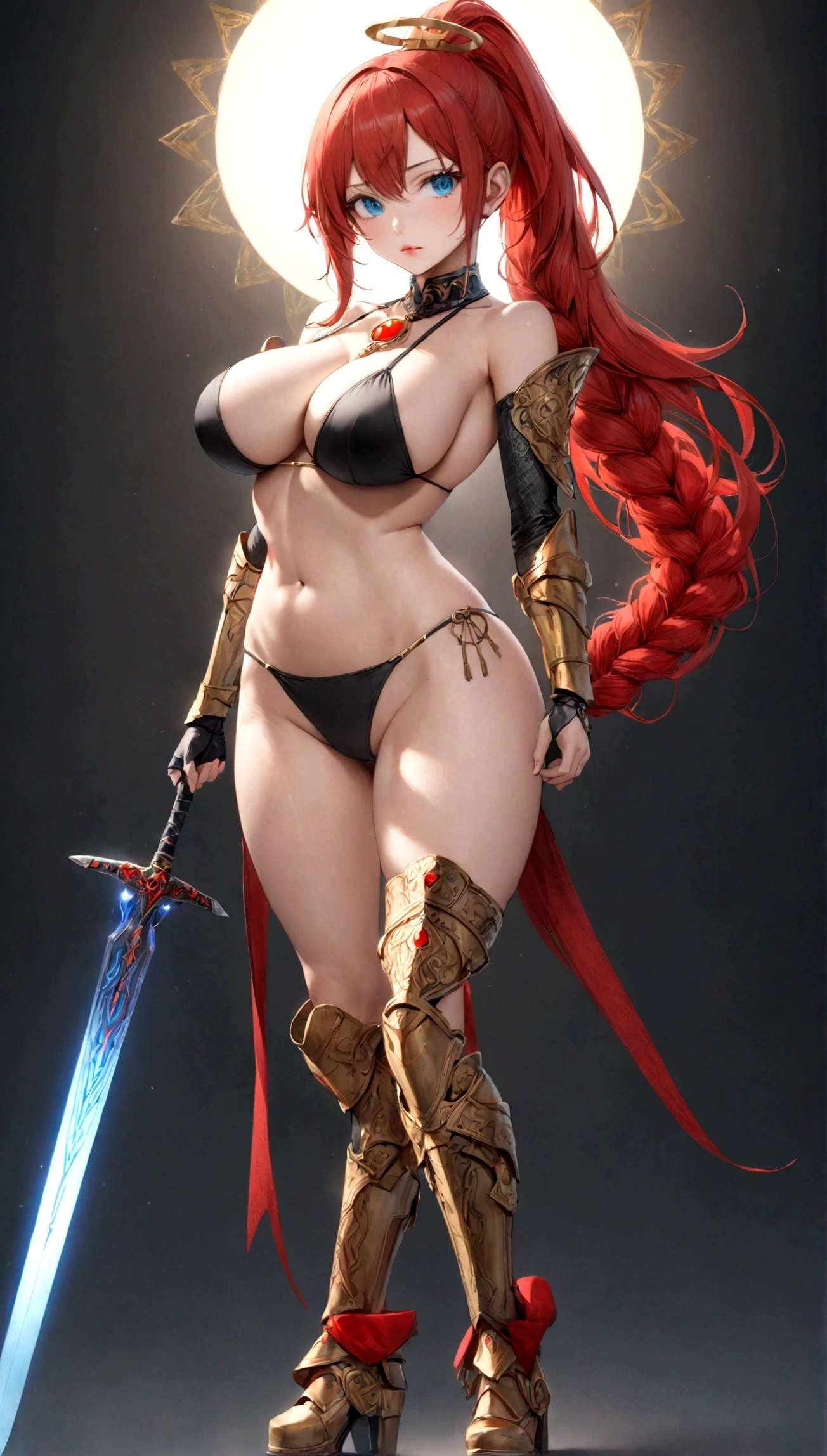 Create the best quality (((Full body from head to toe In Frame & View))) hyper-realistic illustration masterpiece with 16k resolution, intricate details, absurd. Valhalla Setting. Stunningly beautiful & gorgeous 1 Japanese-Russian decent mature girl, ???? Valkyrie, fair skin, 20 years old, ???? theme, perfectly well-toned body, (visible 8-pack abs), (((???????????:1.4))), (((big ???))), (((high and long legs))), very curvy, (((ultra-detailed beautiful and perfect face, extremely detailed beautiful lips, double eyelid, azure sparkling eyes))), (((knee-long bright red hair, valkyrie style high ponytail, side hair shaved and braided, no makeup, no eyelashes))). (((Black and Gold ?????? Valkyrie armor with a T-string ?????? bottom and thigh-high metal-plated boots))). Black and Gold patterned Fingerless gloves up to her elbows and bracers. Black Collar-style choker around her neck with a red gem. (((Pose: Holding a broadsword as tall as her, which has mysterious runes that are glowing red. A halo ring behind her head. She locks eyes with the viewer. She has a stern look on her face.))) Octane render, maximum clarity & sharpness, hyper-realistic light and shadows: 1.5, depth of field.