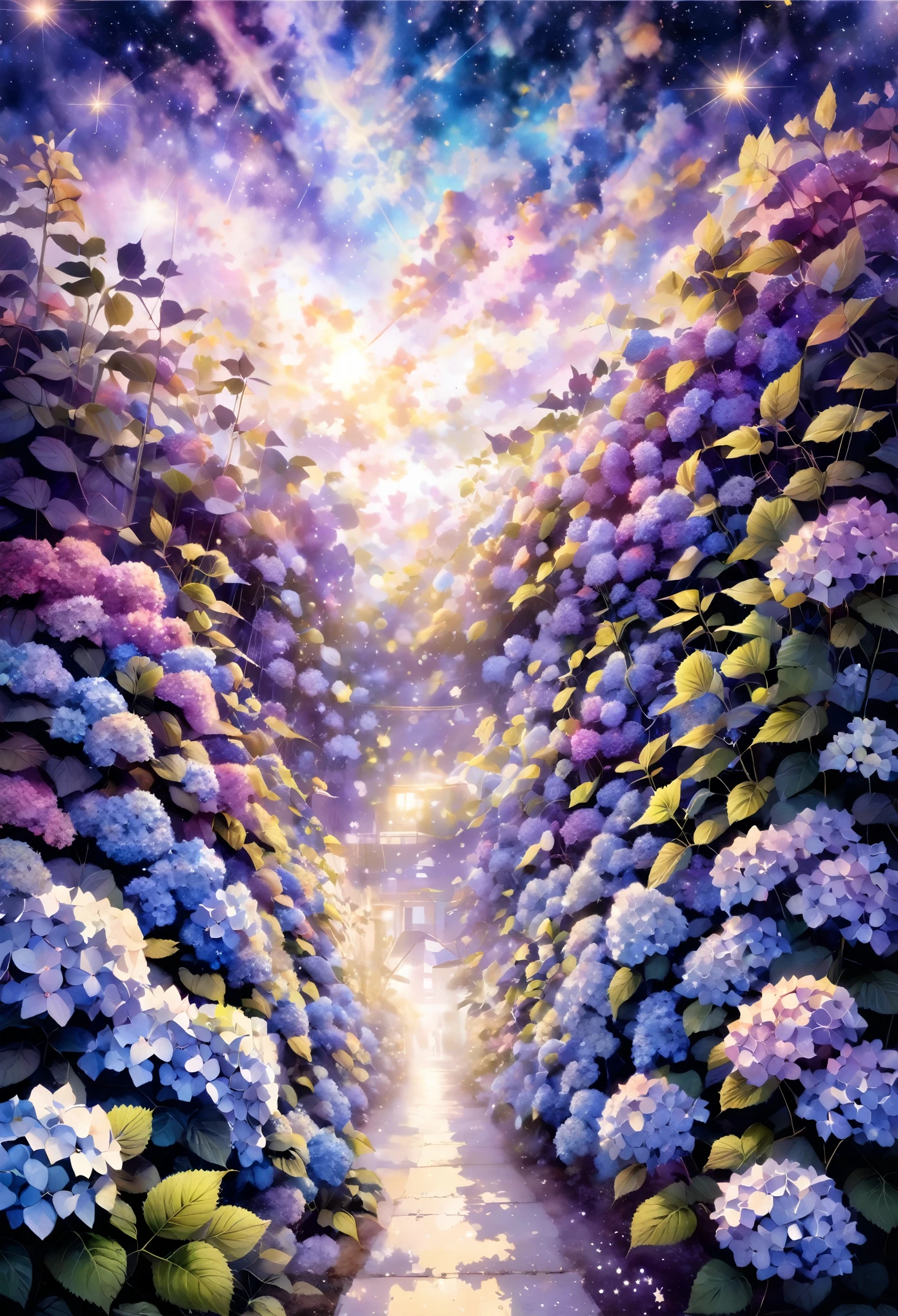 hydrangea, 辺り一面のhydrangea, masterpiece, best quality, hyper detailed, insanely detailed, Full-HD, 16K, absurdres, gigantic scale, golden ratio, wide-angle lens, the galaxy, landscape, in the space, in the style of intricate, vibrant academia, pastel academia, soft surface, dreamy watercolor, splatter watercolor, from above, warm lighting, pinhole camera, deep focus, depth of field