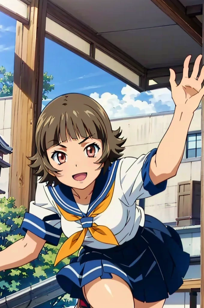 (masterpiece:1.3),(highest quality:1.4),(Super detailed:1.5),8K,High resolution,an extremely delicate and beautiful,Official Art,Perfect Anatomy,(anime_screencap:1.11),(90s Anime,90s Anime style,Cel-shaded anime:1.17), anime coloring,detailed face and eyes, (solo:1.5),(anmnr:1.1),((ekitokuwz:1.52)),(school uniform:1.3),serafuku,short brown hair, pleated skirt, blue skirt, brown eyes, yellow neckerchief, short sleeves, japanese architecture, Outdoor, sunny, Jumping, :d