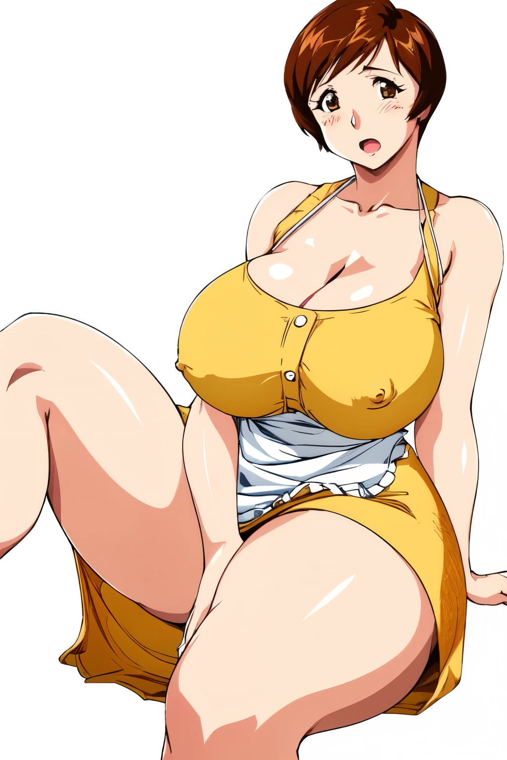 masterpiece, highest quality, High resolution, 1girl, solo, sexual intercourse, Pornographic image, short hair, etsukoto, brown eyes, fine grain, fine grain, (((Thick thighs, Plump thighs, Voluptuous thighs, Thighs are enough))), huge and ample breasts, Cleavage, Huge long breasts, Naughty big,((huge breasts are important))、((Naughty thighs)), L Cup, (thin:1.4),(Tight waist:1.4),  (yellow dress:1.4), ((white waist apron)), white panties, wide eyed, open mouth, Surprised expression, blush, head tilt, look away, (((Simple Background))), ((Wide Hips)), Shiny, Oily skin, Mature mother, Calf, Seductive mature woman, Perfect body, Plus Size Model, etsukoto, clavicle, retro artstyle, 1990s (style), sitting, open legs, ((nsfw)),