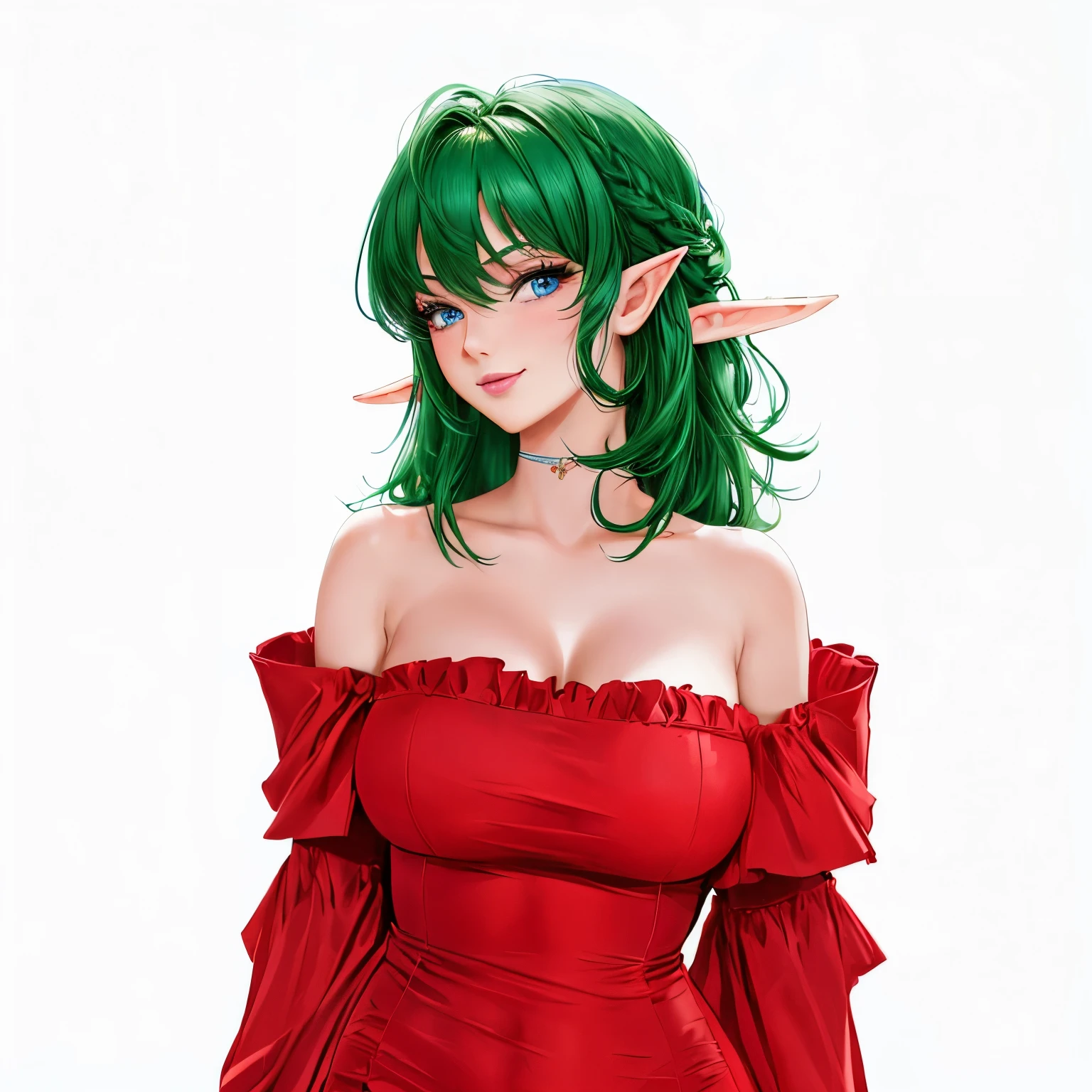 (masterpiece,highest quality,Very delicate,Perfect Face,8k,A beautiful woman),Medium short green hair:1.2, Red off-the-shoulder bodycon tube dress ,Red long arm covers,Elf Girl,((Big Breasts)),blue eyes,Beautiful smile,Big red ribbon on the back