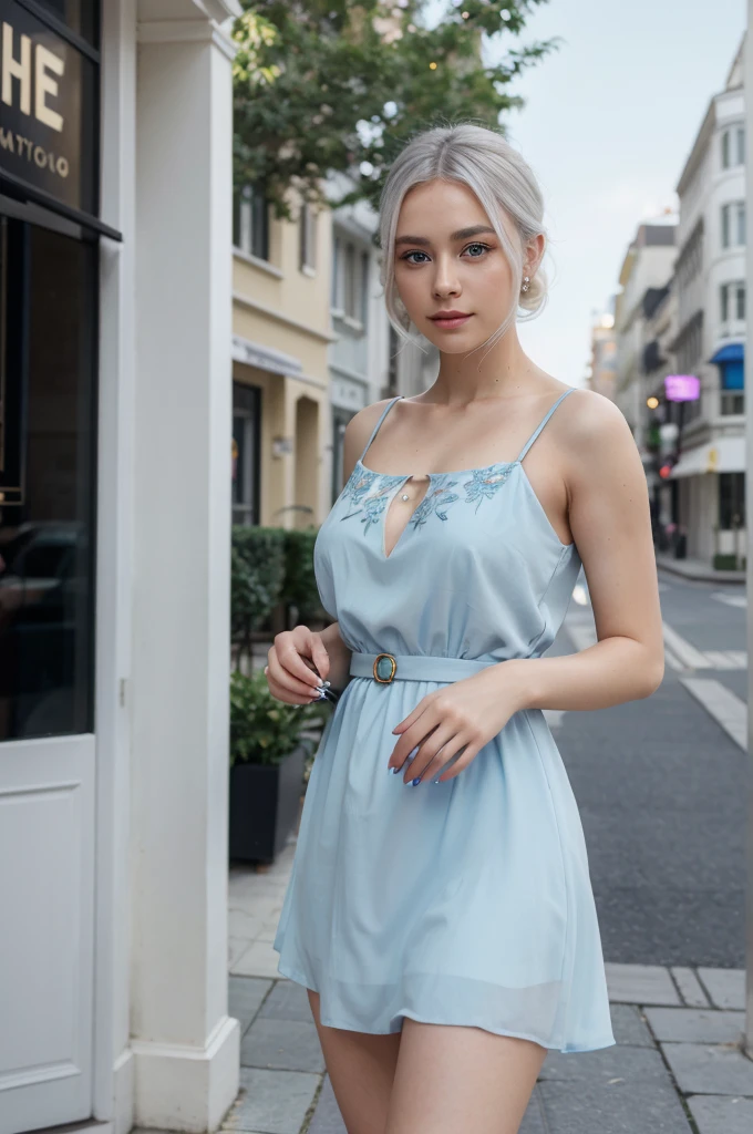 Cinématique portrait a young woman white and blue hair, gray eyes, beautiful detailed eyes, beautiful detailed lips, extremely detailed face, long eyelashes, elegant dress, blue sky, butterflies, dreamy, pastel colors, warm lighting, (best quality,4k,8k,highres,masterpiece:1.2),ultra-detailed,(realistic,photorealistic,photo-realistic:1.37),vibrant colors, soft focus, cinematic lighting, magical realism , detail on the skin , phone in hand , full body, tenu moderne, chaussures louis Vuitton , extremely detailed iphone 14 pro max