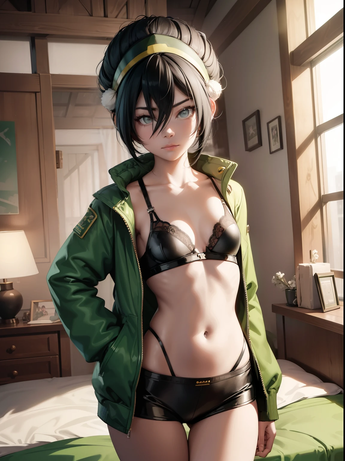 Toph beifong  ,1girl , anime , masterpiece  , Black hair,green jaqueta aberta open clothes ,toph beifong , disappointed face , solo , gren jacket, open clothes, bra , flat chest ,shorts , looking at viewer , bedroom .