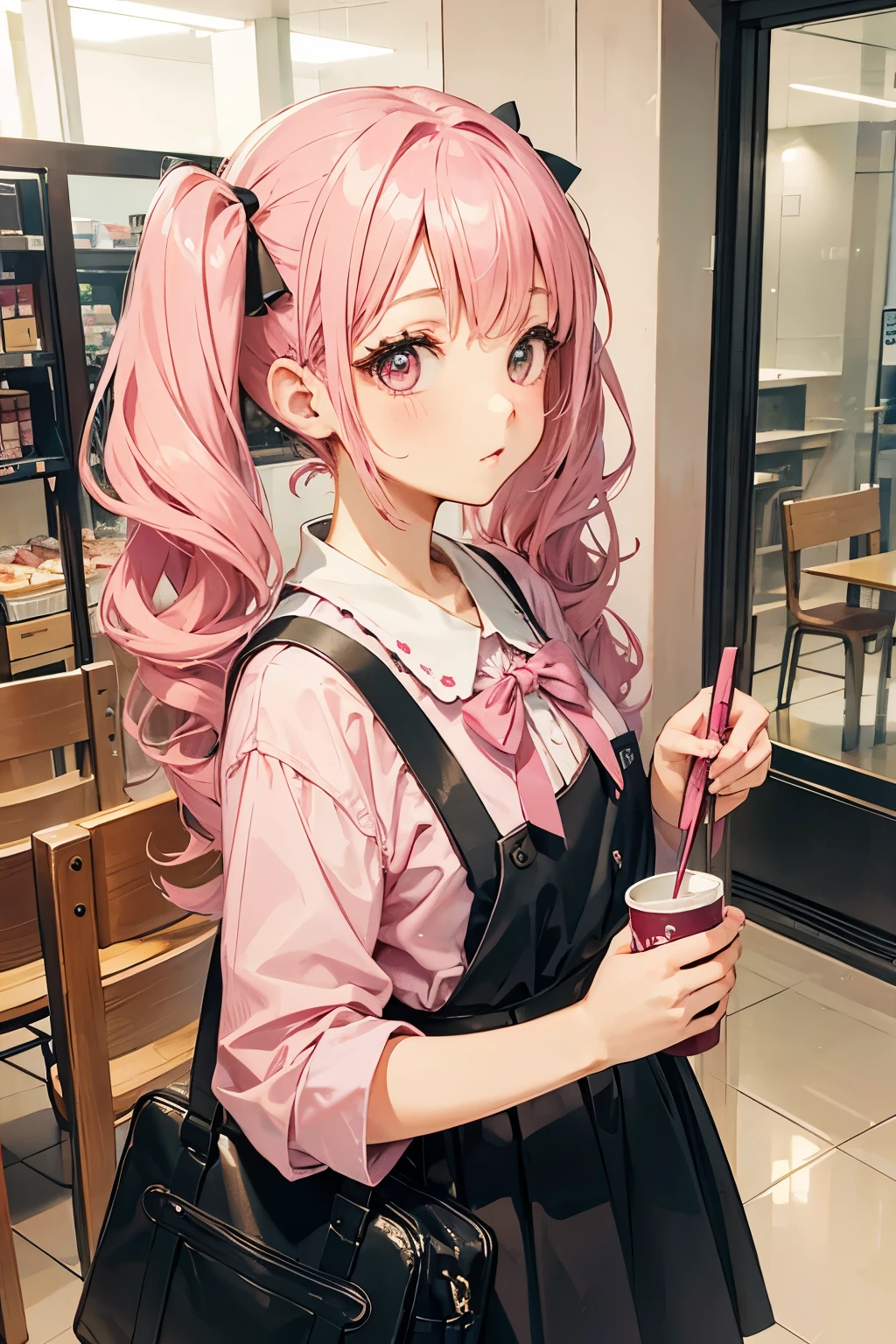 Pink Hair、Twin tails、Girly clothing、Short height、University cafeteria、