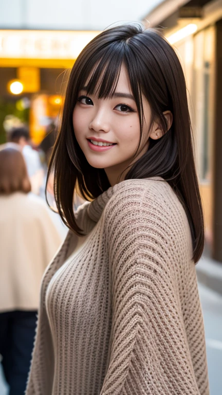 1girl,age30, seductive pose, light brown hair, very long hair, asymmetrical bangs, floating hair, mole under eye, longeyelashes, smile, Surrealism, depth of field, cowboy shot, 35mm, f/16, Canon, super detail, UHD, masterpiece, anatomically correct, textured skin, super detail, high details, high quality, best quality, highres, 16k, (brown poncho style sweater),town lights