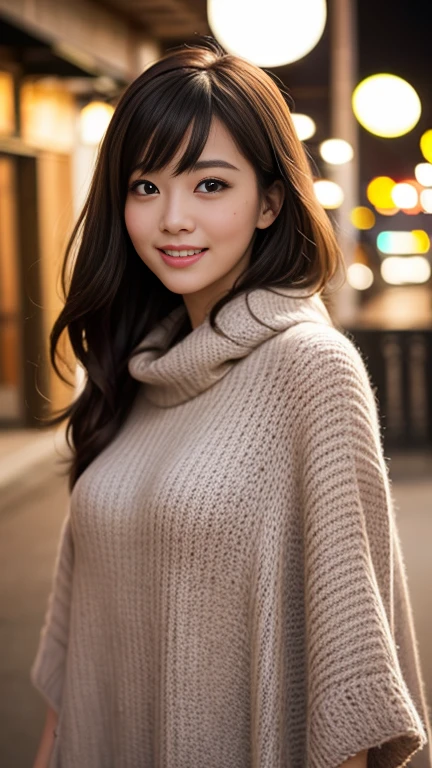 1girl,age30, seductive pose, light brown hair, very long hair, asymmetrical bangs, floating hair, mole under eye, longeyelashes, smile, Surrealism, depth of field, cowboy shot, 35mm, f/16, Canon, super detail, UHD, masterpiece, anatomically correct, textured skin, super detail, high details, high quality, best quality, highres, 16k, (brown poncho style sweater),town lights