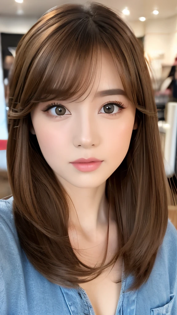 Best quality, 8k, ,Masterpiece :1.3)), facing viewer,((full body1.2)) ,pretty woman, wide shot ,1girl, , selfie , , Hair salon, brown hair , bangs,ultra-detailed face, highly detailed lips, detailed eyes, double eyelid
